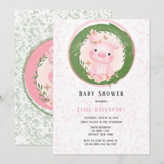Invitation Cochon rose de mignon Baby shower fille (Devant / Derrière)