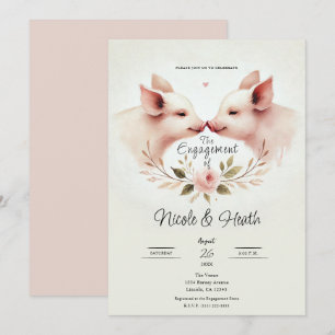 Invitation Cochons roses nez à nez Fête de fiançailles floral