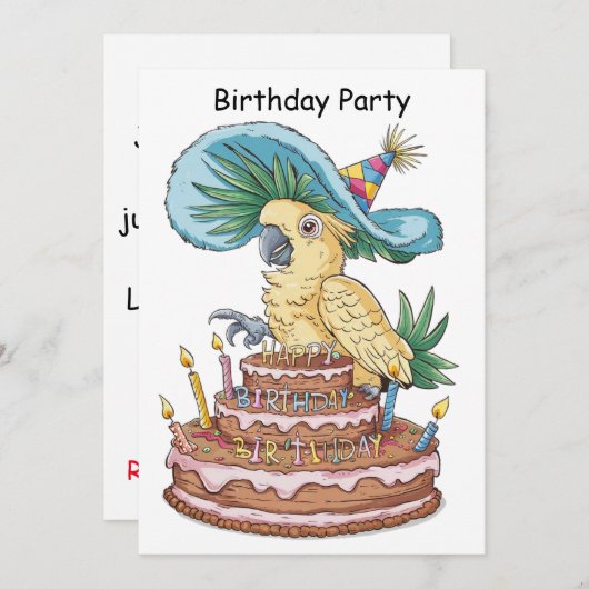 Invitation cockatoo perché sur gâteau d'anniversaire casquett (Devant / Derrière)