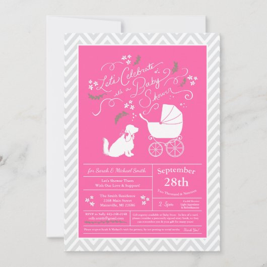 Invitation Cocker Spaniel Chien Baby shower fille rose (Devant)