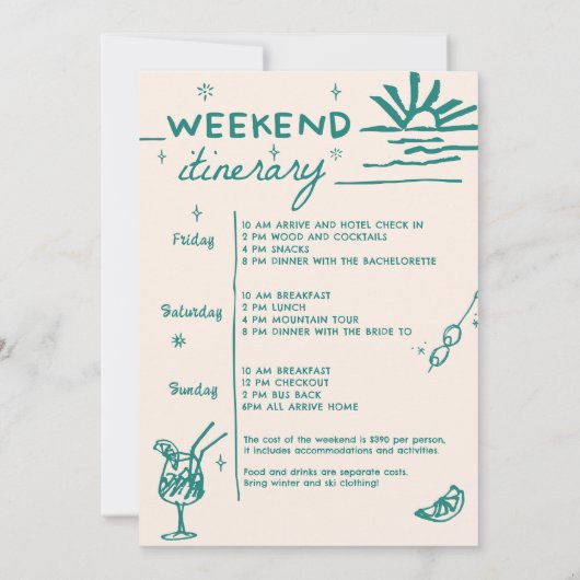Invitation Cocktail Bachelorette Week-end Itinéraire Party (Dos)