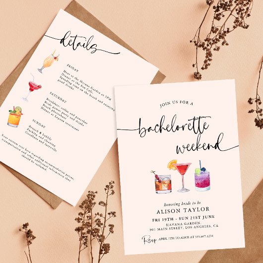 Invitation Cocktail Bachelorette Weekend Party Calligraphie