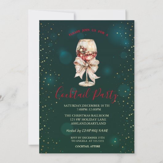 Invitation  Cocktail Bow Stars Green Christmas Party  (Devant)