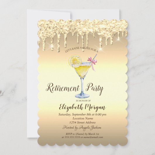 Invitation Cocktail Citron Parties scintillant Or Baisse Retr (Devant)