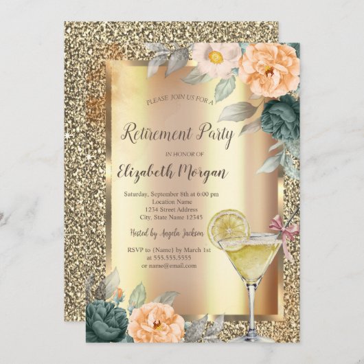 Invitation Cocktail Citron Rose Parties scintillant or retrai (Devant / Derrière)
