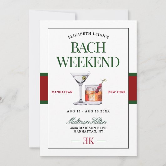 Invitation Cocktail Classy Green & Red Bachelorette Week-end (Devant)