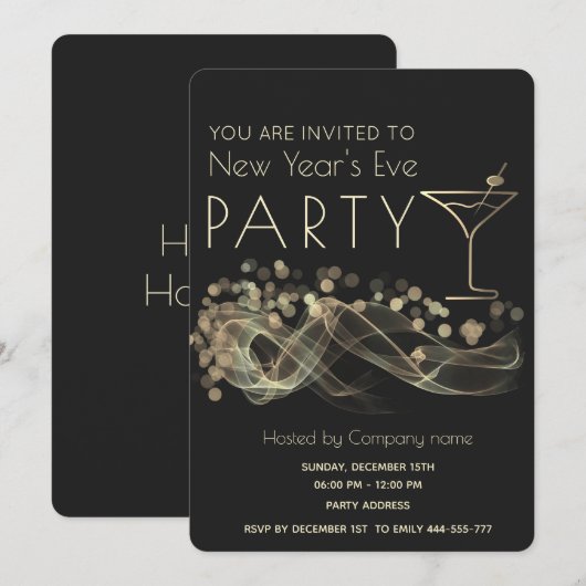Invitation Cocktail de bokeh ondulé or le réveillon du Nouvel (Devant / Derrière)