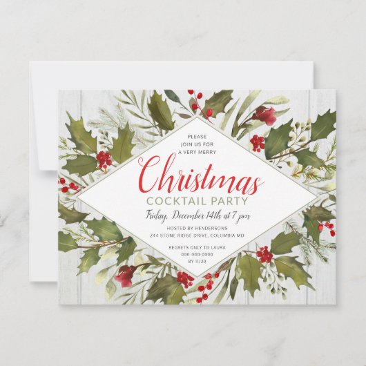 Invitation Cocktail de Noël Aquarelle Vintage Holly (Devant)