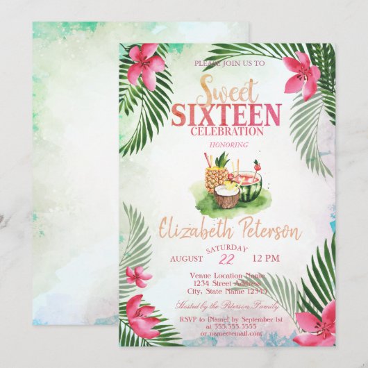 Invitation Cocktail de palme à fleurs tropicalesSummer Sweet (Devant / Derrière)