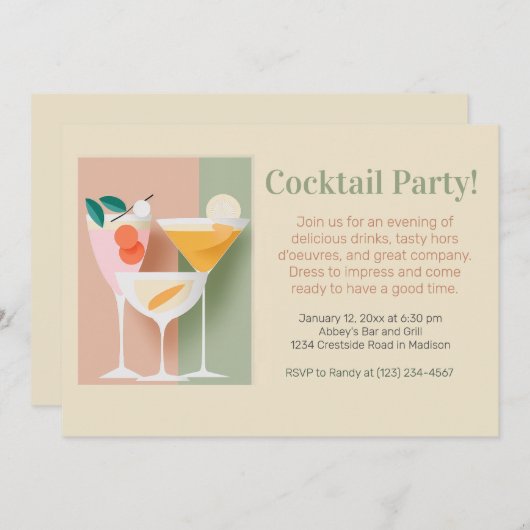 Invitation cocktail d'inspiration rétro (Devant / Derrière)