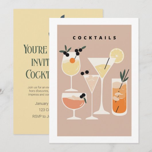 Invitation cocktail d'inspiration rétro (Devant / Derrière)