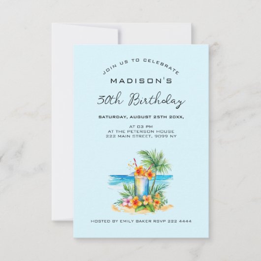 Invitation Cocktail et fleur exotique à l'anniversaire bleu (Devant)