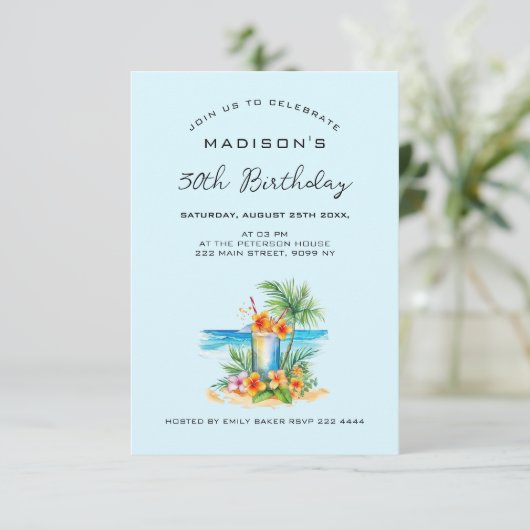 Invitation Cocktail et fleur exotique à l'anniversaire bleu (Debout devant)