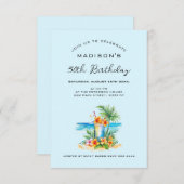 Invitation Cocktail et fleur exotique à l'anniversaire bleu (Devant / Derrière)