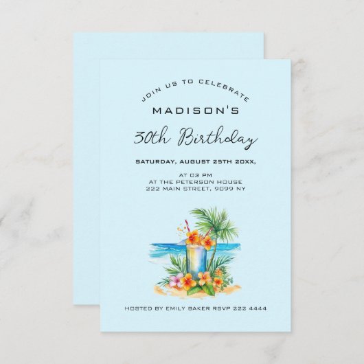 Invitation Cocktail et fleur exotique à l'anniversaire bleu (Devant / Derrière)