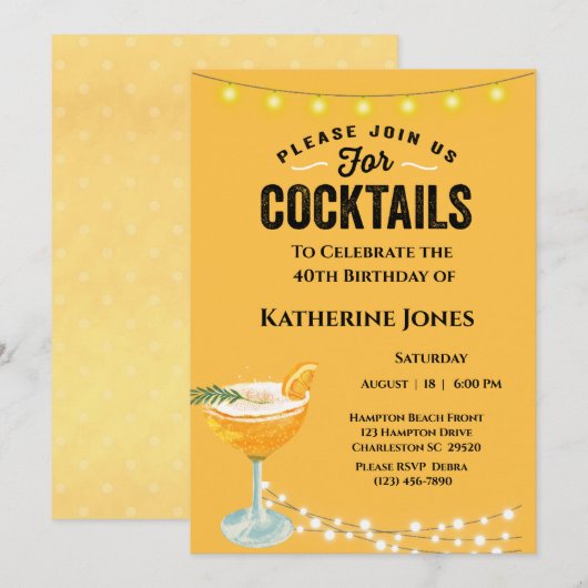 Invitation Cocktail féminin Jaune 40e anniversaire (Devant / Derrière)