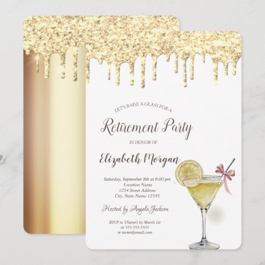 Invitation Cocktail Glitter Drops Citron Retraite (Devant / Derrière)