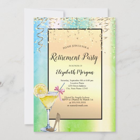 Invitation Cocktail Lemon Gold Confetti Green Retirement (Devant)