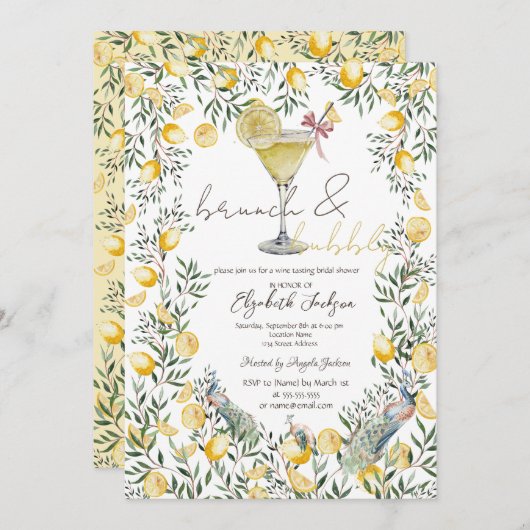 Invitation Cocktail Lemons Peacock Brunch Bubble (Devant / Derrière)