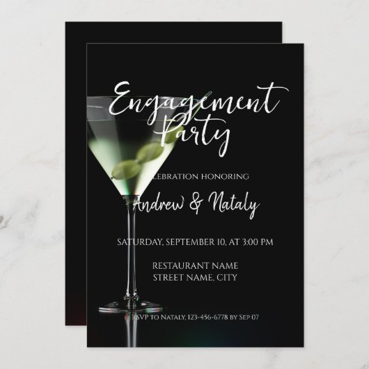 Invitation Cocktail Martini sur fond noir (Devant / Derrière)