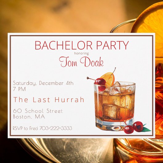 Invitation Cocktail Old Fashioned de soirée de célibataire /
