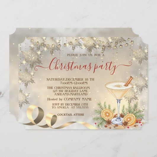 Invitation Cocktail Orange Gold Snowflakes Company (Devant / Derrière)
