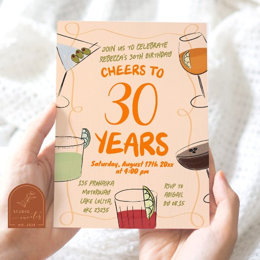 Invitation Cocktail orange illustré à la main Anniversaire