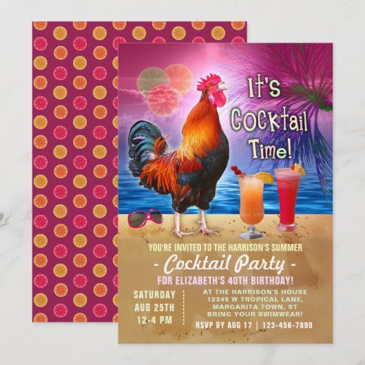 Invitation Cocktail Party Tropical Rooster Funny Anniversaire (Devant / Derrière)