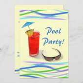 Invitation Cocktail Piscine Fun/Blue+Yellow (Devant / Derrière)