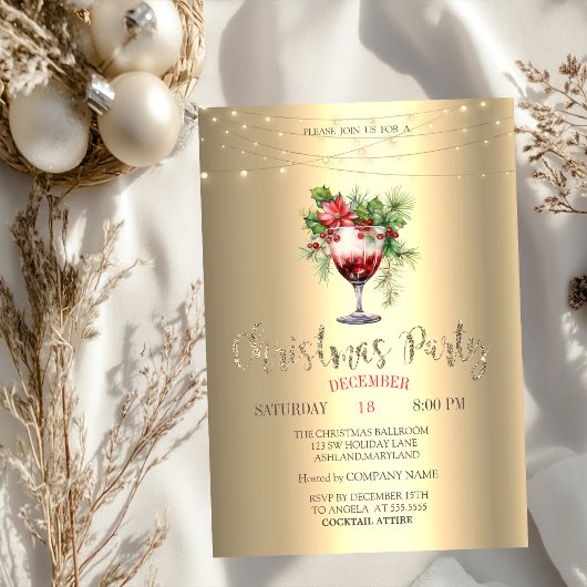 Invitation Cocktail Poinsettia String Lights Gold Christmas