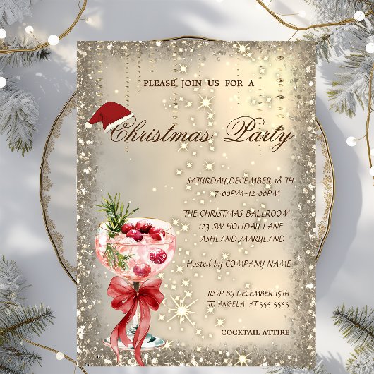 Invitation Cocktail Red Bow Santa Hat Christmas Party