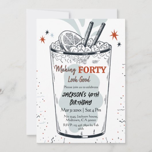 Invitation Cocktail retro boisson thème élégant 40e anniversa (Devant)