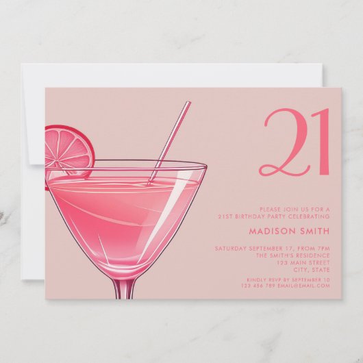 Invitation Cocktail rose moderne 21e anniversaire (Devant)