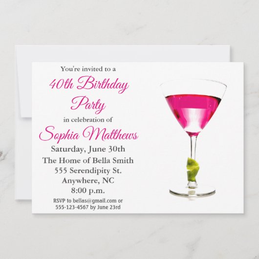 Invitation Cocktail rose moderne fête d'anniversaire (Devant)