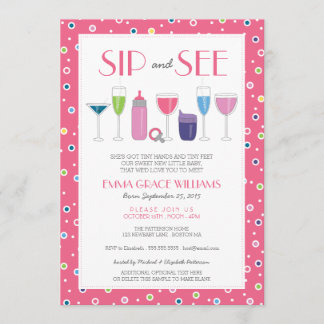 Invitation Cocktail rose Nouvelle Bébée Sip et voir l'invitat