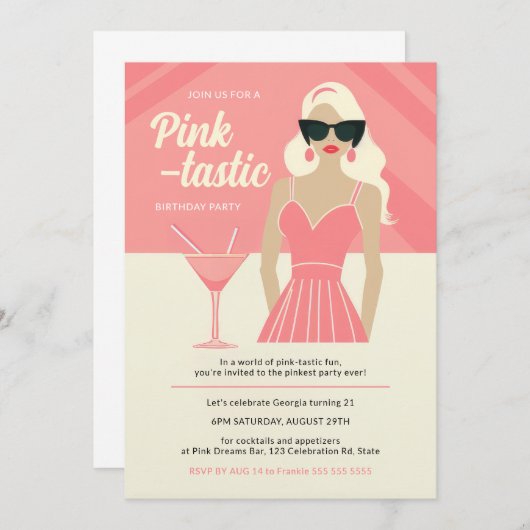 Invitation Cocktail rose-tastic fête d'anniversaire (Devant / Derrière)