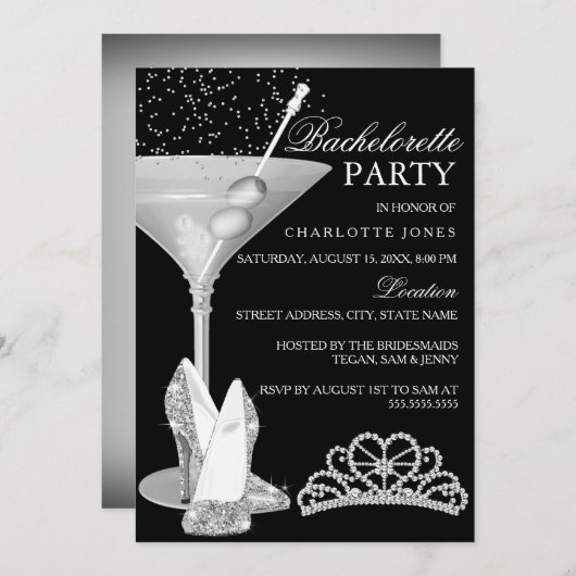Invitation Cocktail Silver Sparkle Bachelorette Party (Devant / Derrière)