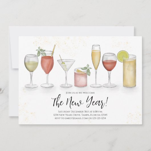 Invitation Cocktail simple New Years Party Boissons Code QR (Devant)