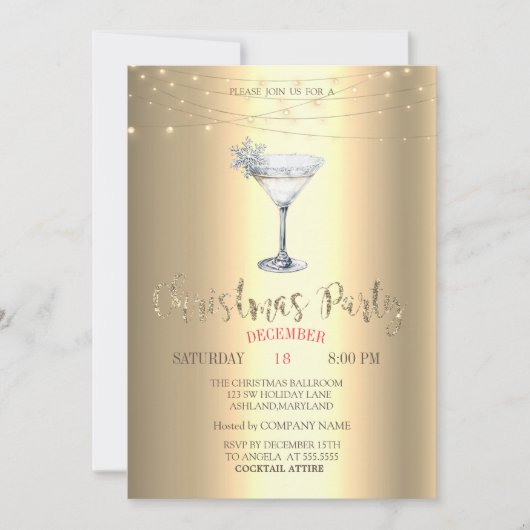 Invitation Cocktail Snowflake String Lights Gold Christmas (Devant)