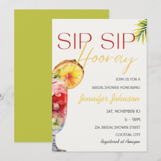 Invitation Cocktail tropical Sip Sip Hooray Fête des mariées (Devant / Derrière)