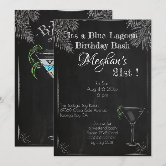 Invitation Cocktail vintage Blue Lagoon Anniversaire Bash (Devant / Derrière)