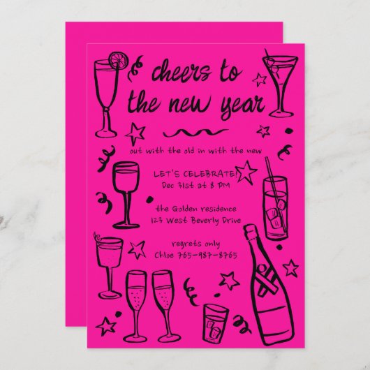 Invitation Cocktail Whimsical NEW YEAR Party Boissons sur mes (Devant / Derrière)