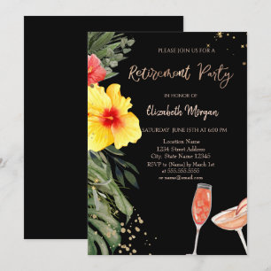 Invitation Cocktails à l'aquarelle Hibiscus Fond Noir de Retr