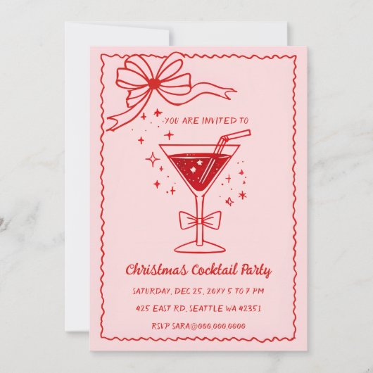 Invitation Cocktails de Noël Pink Red Bow à la main (Devant)
