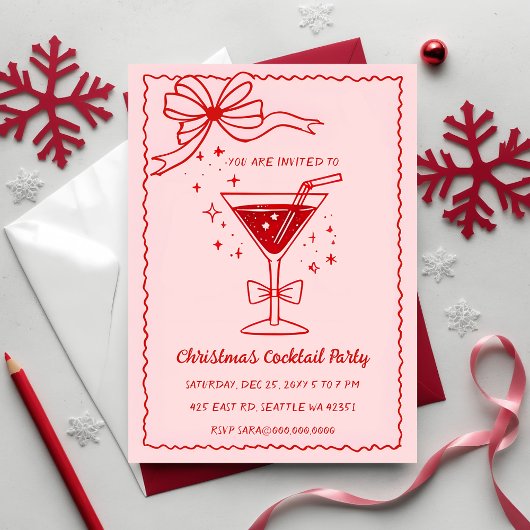 Invitation Cocktails de Noël Pink Red Bow à la main