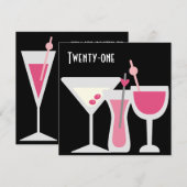 Invitation Cocktails Femmes Rose Noir 21ème anniversaire (Devant / Derrière)