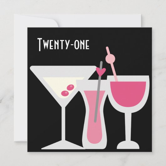 Invitation Cocktails Femmes Rose Noir 21ème anniversaire (Devant)