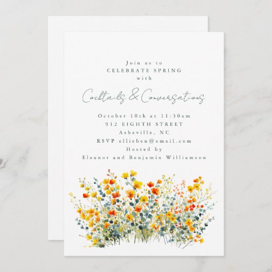 Invitation Cocktails Fleur sauvage Jaune Orange Conversations (Devant / Derrière)