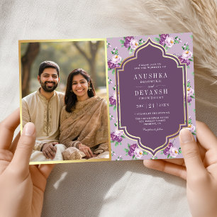 Invitation Code QR à motif floral violet Mariage indien