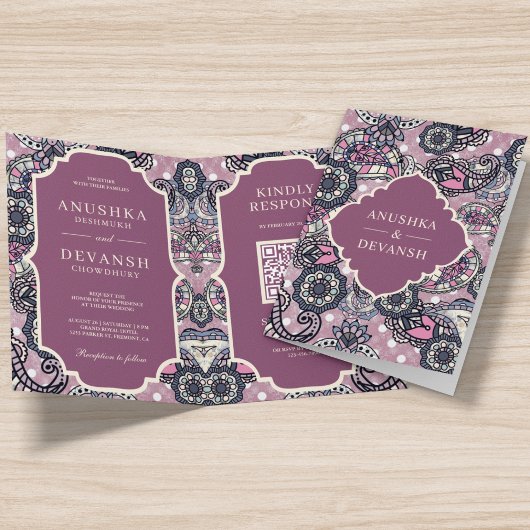 Invitation Code QR à motif paisley rose Mariage indien